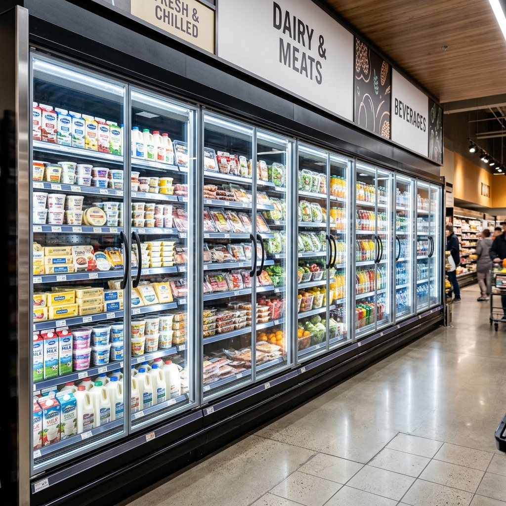Supermarket aisle with commercial refrigeration units